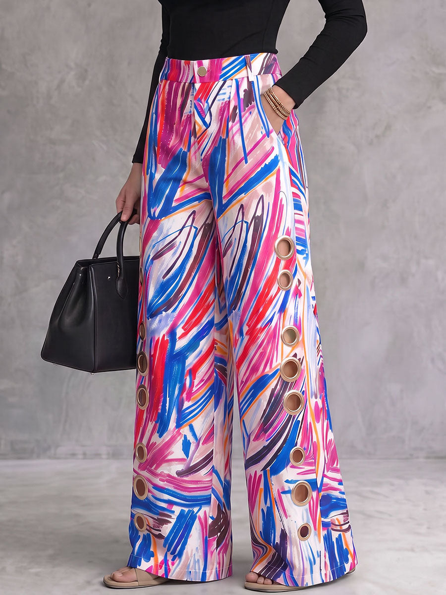 Printed Wide-Leg High-Waist Button-Detail Pants