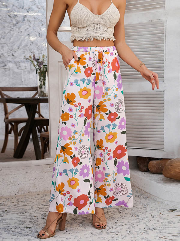 Floral High-Waist Drawstring Pocket Pants