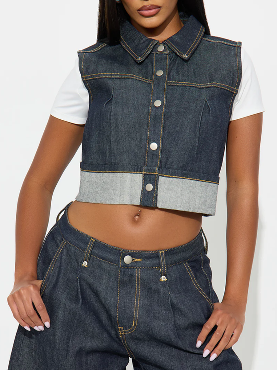 Pleated Button-Detail Sleeveless Relaxed Vest