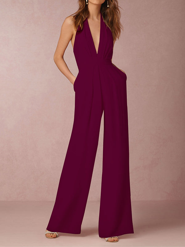 Wide-Leg Halter-Neck Open-Back Sleeveless Jumpsuit