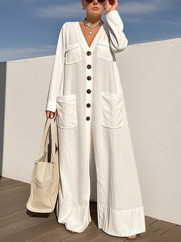 V-Neck Button-Detail Pocket Long-Sleeve Jumpsuit