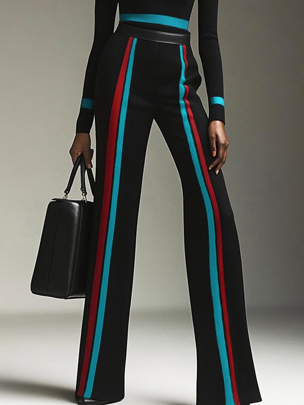 Striped High-Waist Contrast Pants