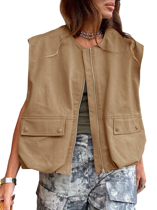 Round-Neck Zip Pocket Sleeveless Vest