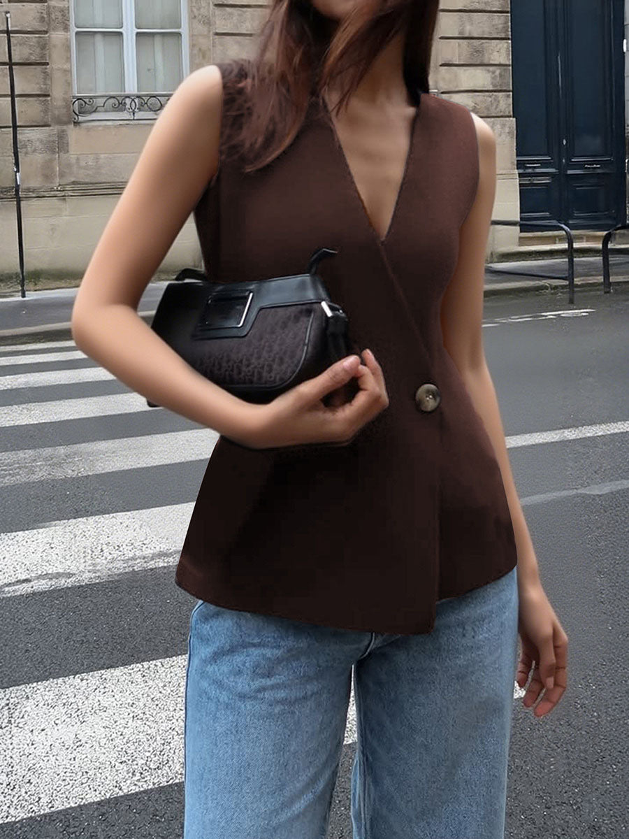 V-Neck Button-Detail Sleeveless Vest
