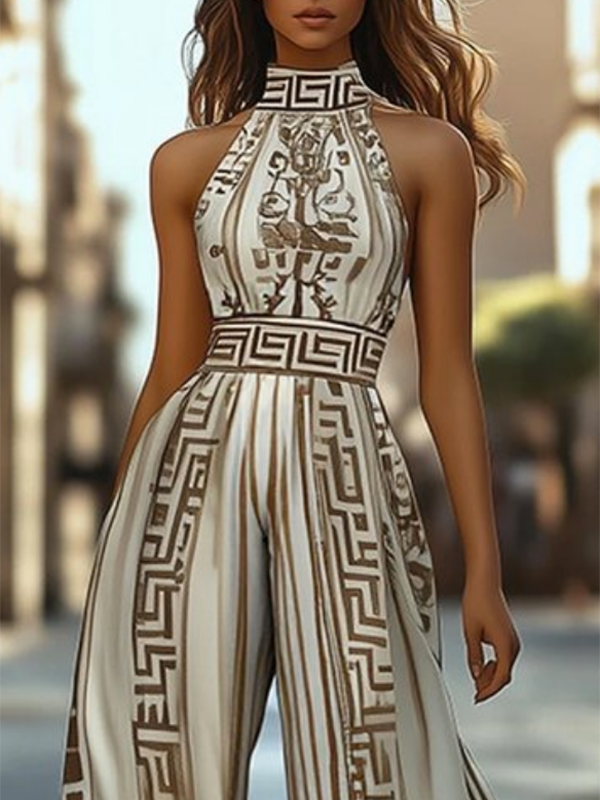 Printed Wide-Leg Halter-Neck Sleeveless Jumpsuit