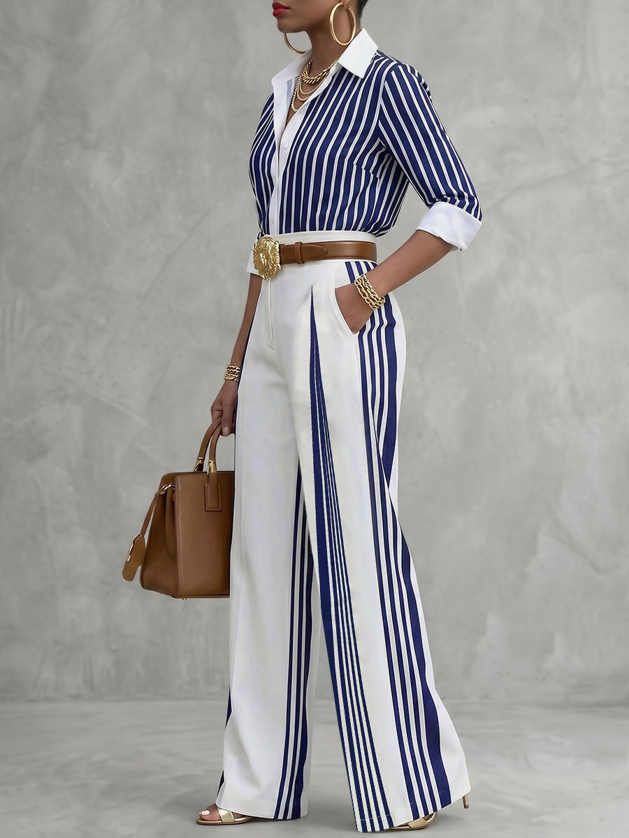 Wide-Leg High-Waist Pocket Contrast Belt