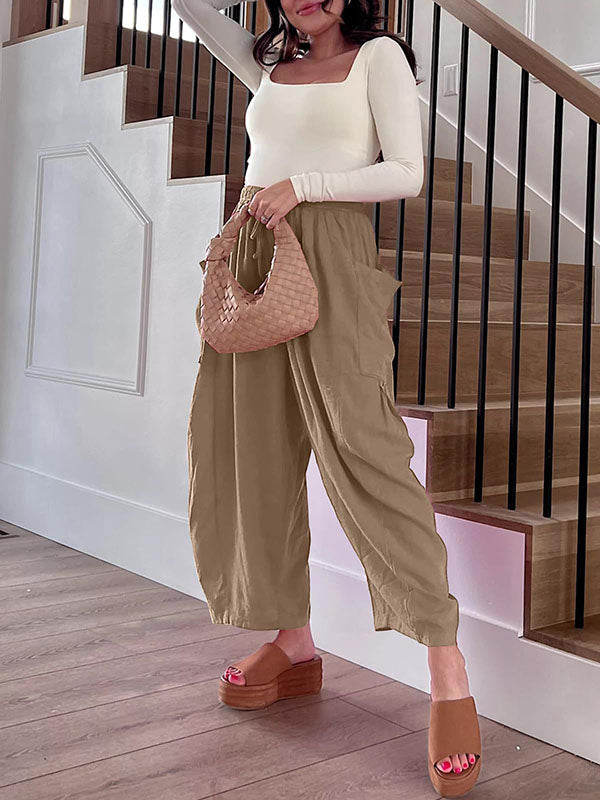 High-Waist Pleated Drawstring Pocket Pants