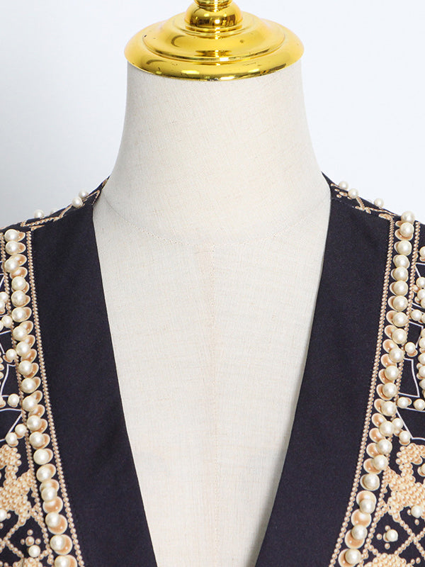 Printed V-Neck Long-Sleeve Relaxed Blazer