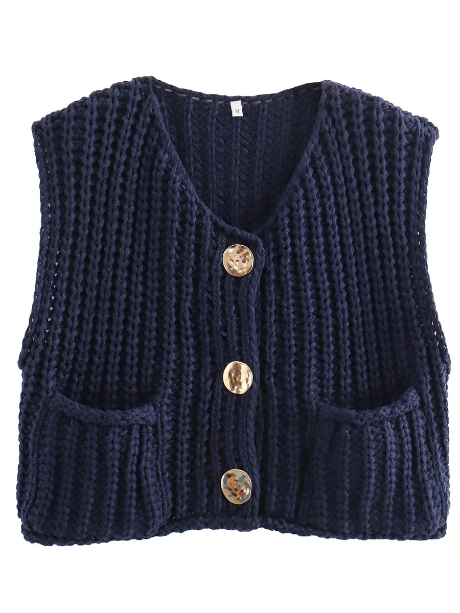 Knit Button-Detail Pocket Sleeveless Cardigan