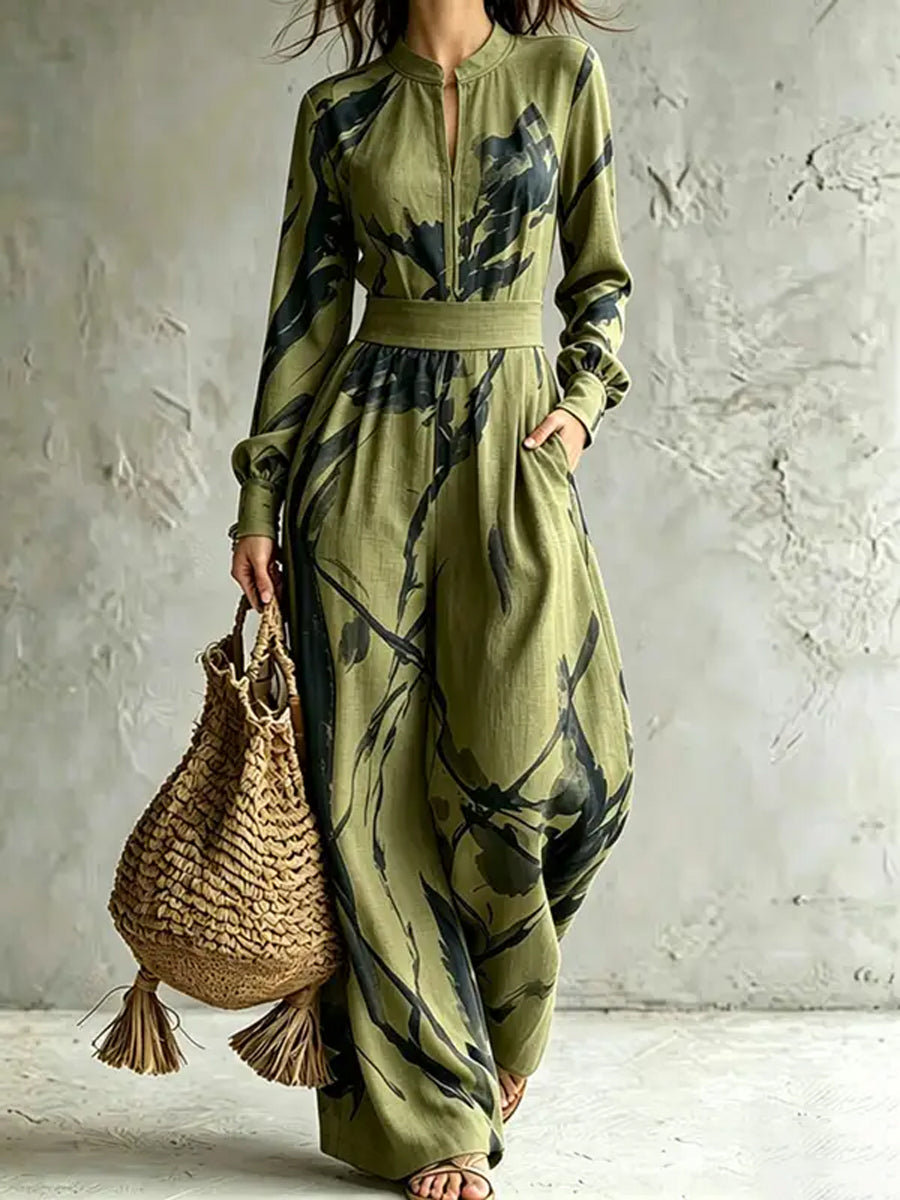Printed Wide-Leg V-Neck Zip Jumpsuit