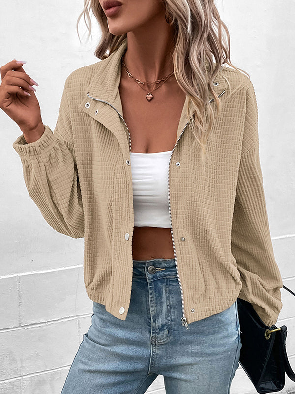 Button-Detail Zip Long-Sleeve Relaxed Jacket