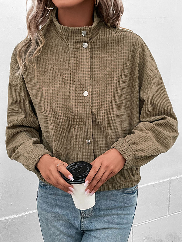 Button-Detail Zip Long-Sleeve Relaxed Jacket