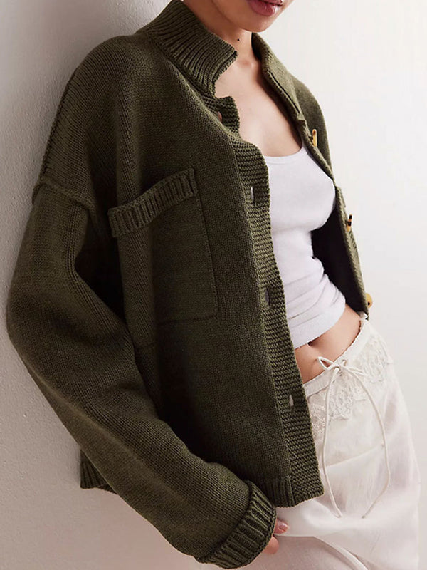 Stand-Collar Button-Detail Pocket Long-Sleeve Cardigan