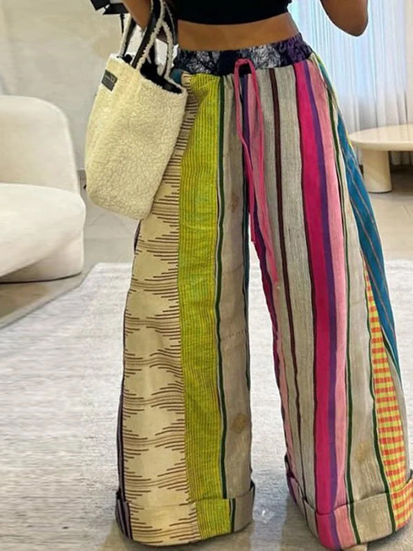 Striped Wide-Leg Drawstring Relaxed Pants
