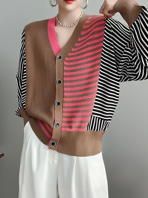 Striped Knit V-Neck Button-Detail Cardigan