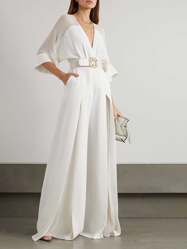 High-Waist V-Neck Contrast Jumpsuit