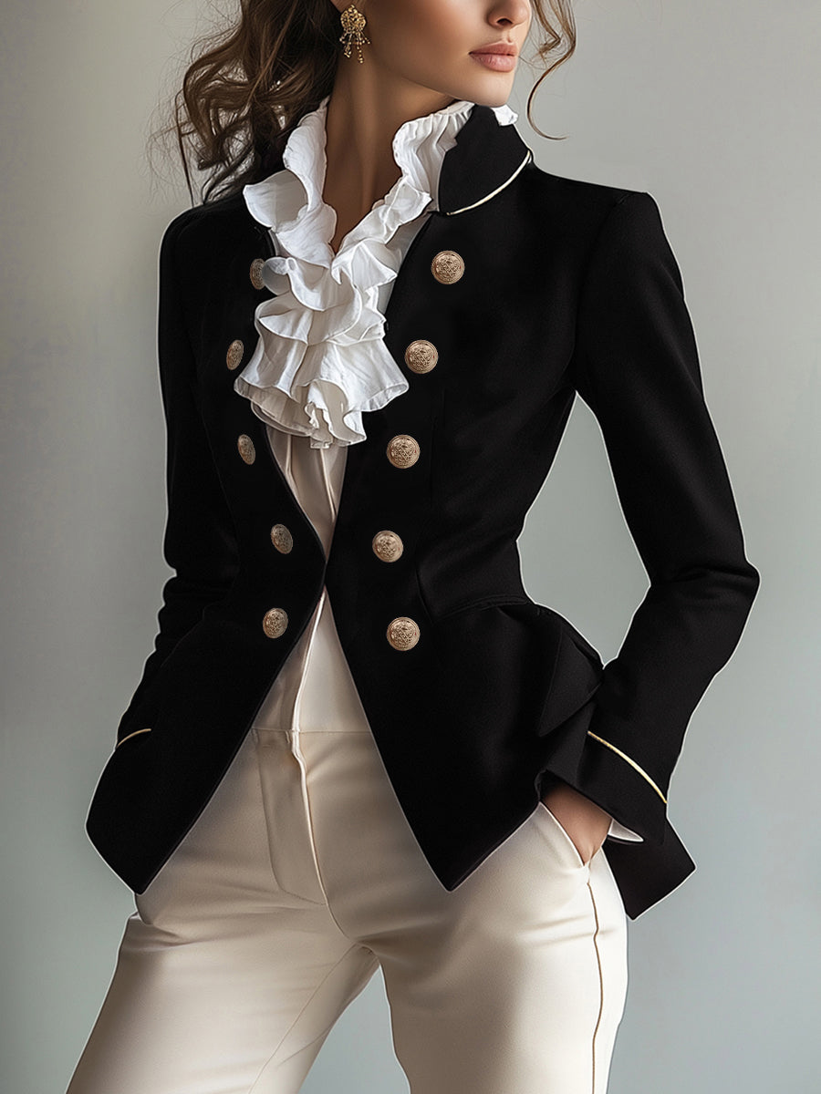 Stand-Collar Button-Detail Long-Sleeve Blazer