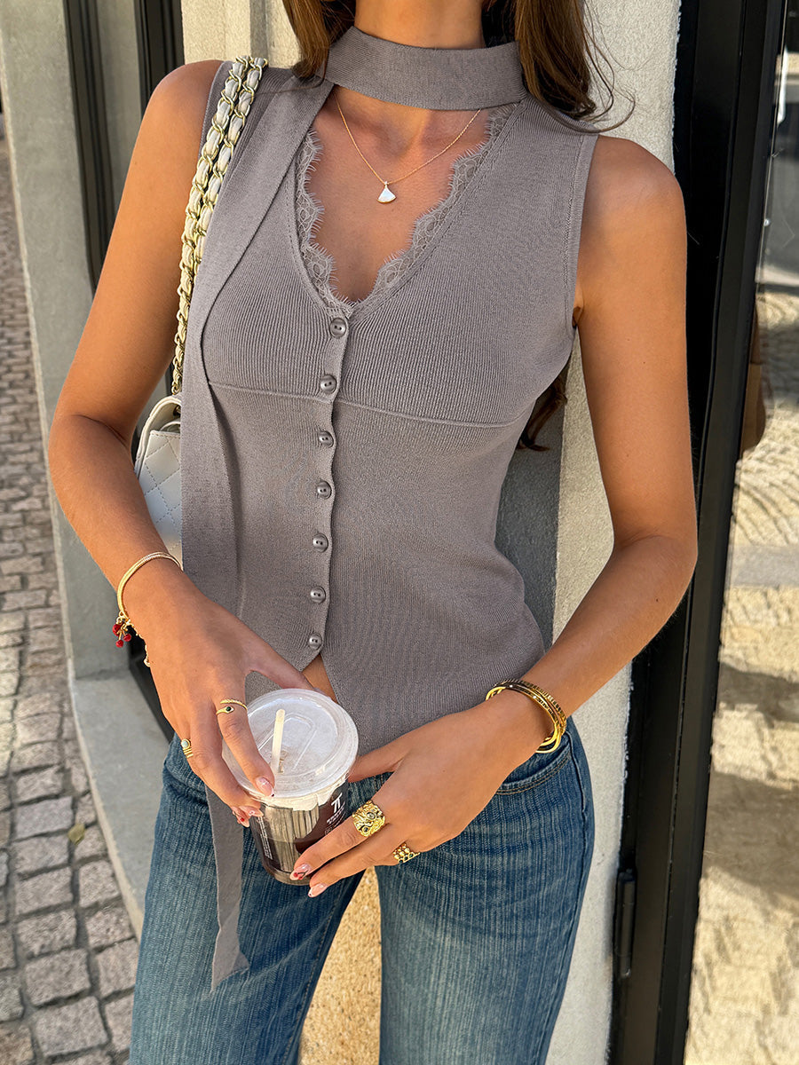V-Neck Button-Detail Sleeveless Relaxed Vest