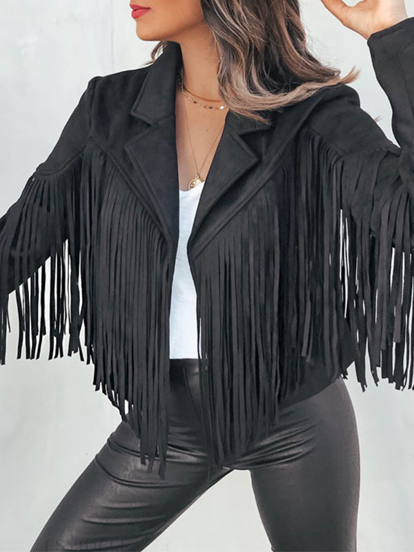 Notch-Collar Fringe Long-Sleeve Jacket