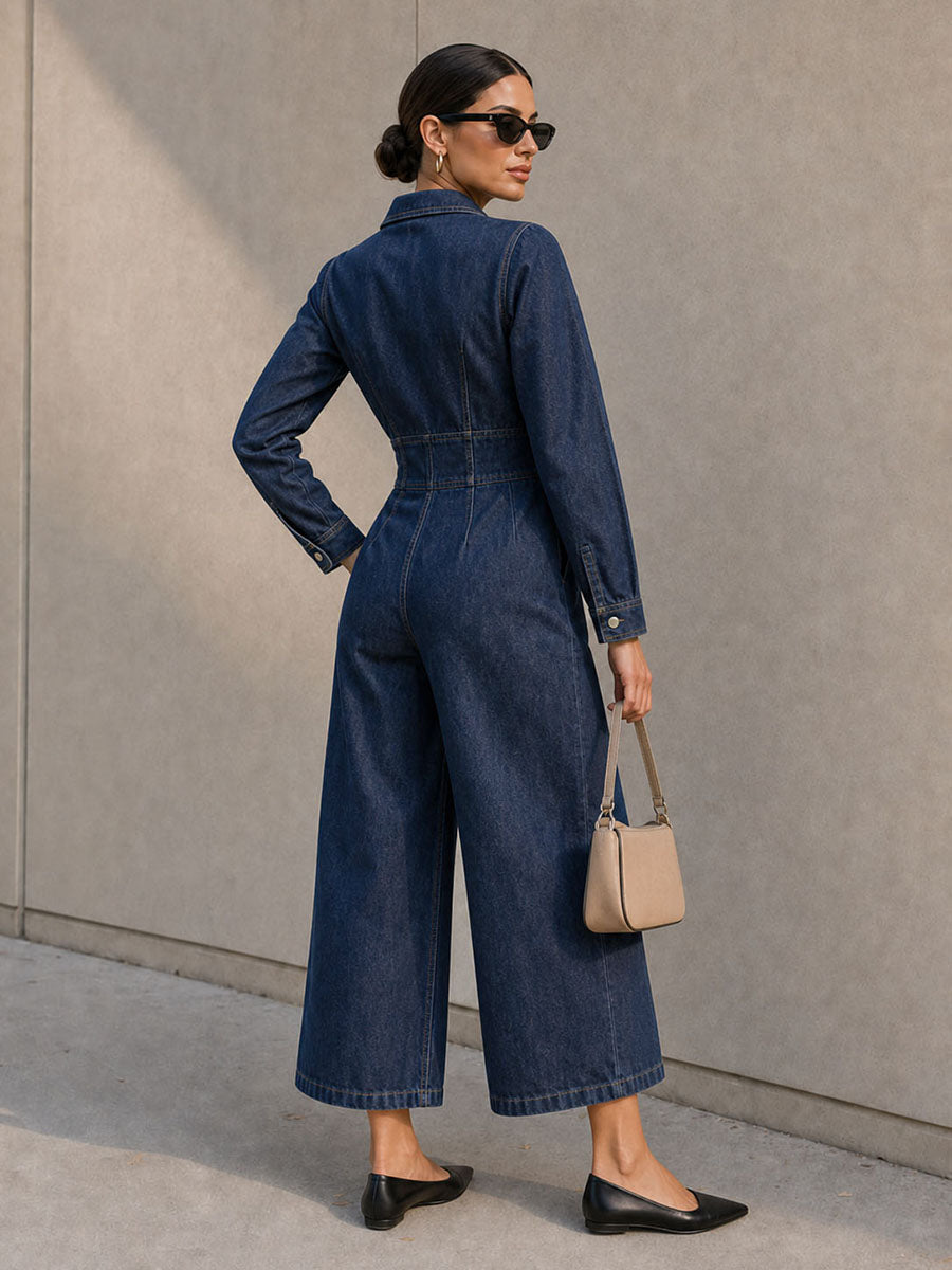 Wide-Leg Zip Pocket Long-Sleeve Jumpsuit