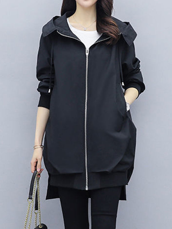Hooded Pleated Zip Long-Sleeve Jacket