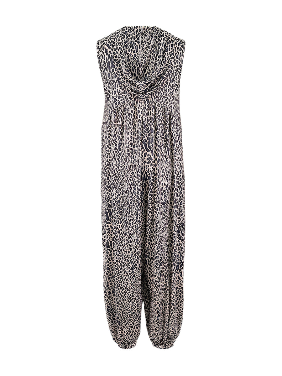 Leopard Print High-Waist Hooded Pleated Jumpsuit
