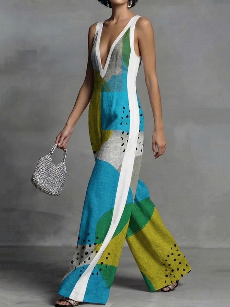 Printed V-Neck Pocket Sleeveless Jumpsuit