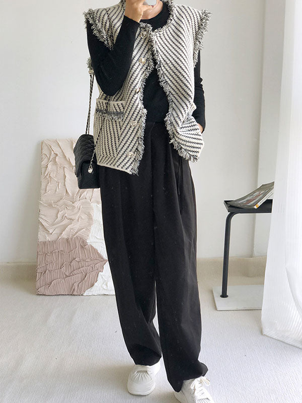 Striped V-Neck Fringe Button-Detail Vest