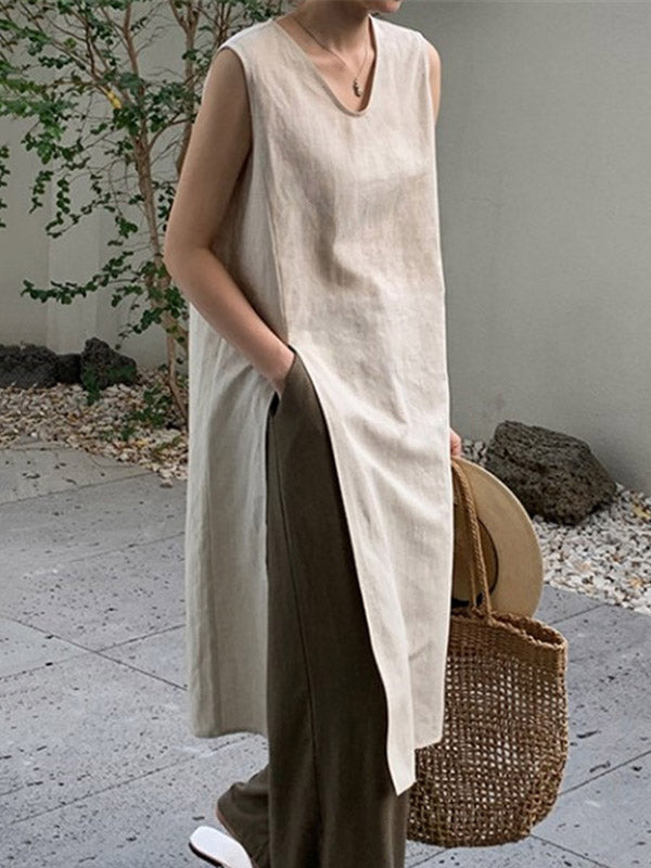 V-Neck Side-Split Sleeveless Relaxed Vest
