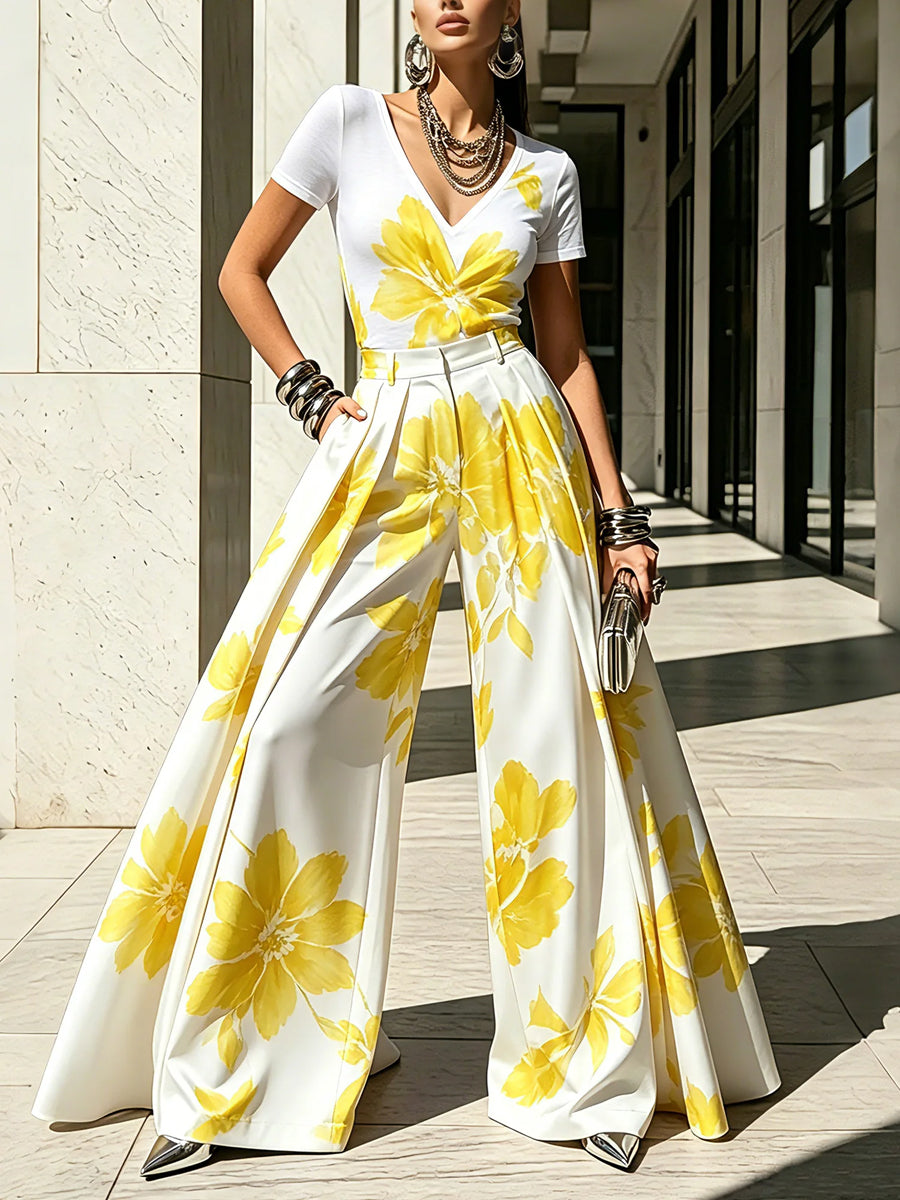 Floral Wide-Leg High-Waist Pleated Pants