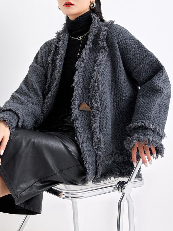 V-Neck Fringe Button-Detail Long-Sleeve Cardigan