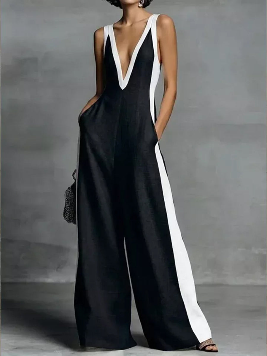 High-Waist V-Neck Pocket Relaxed Jumpsuit