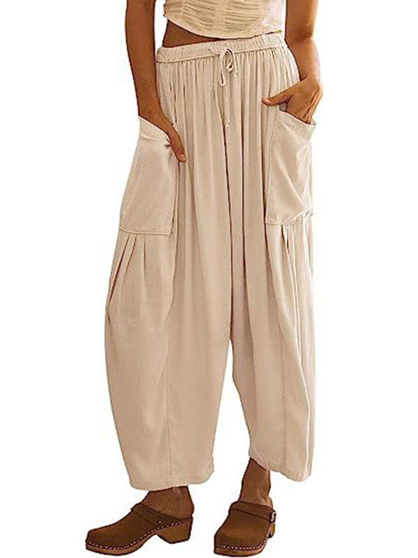 High-Waist Pleated Drawstring Pocket Pants