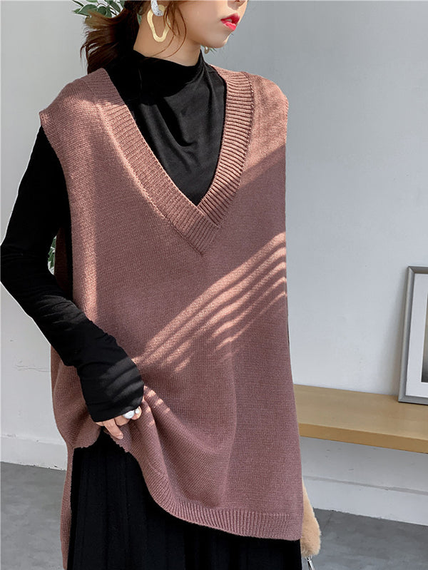 Knit V-Neck Side-Split Sleeveless Vest