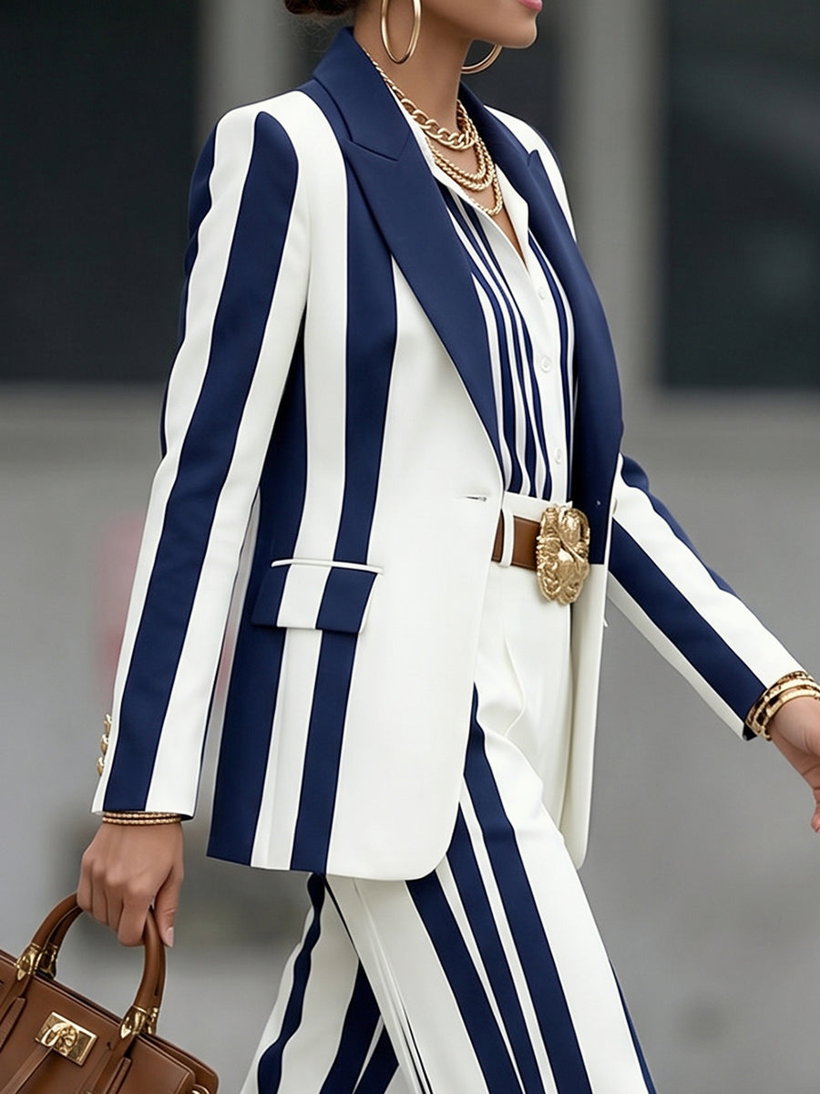 Striped Notch-Collar Button-Detail Long-Sleeve Blazer