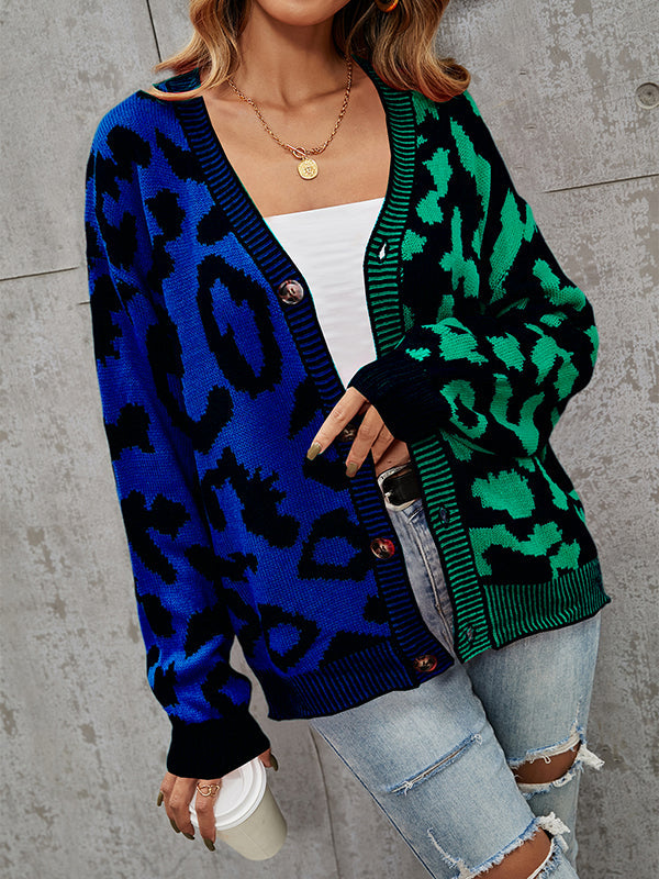 Leopard Print V-Neck Button-Detail Long-Sleeve Cardigan