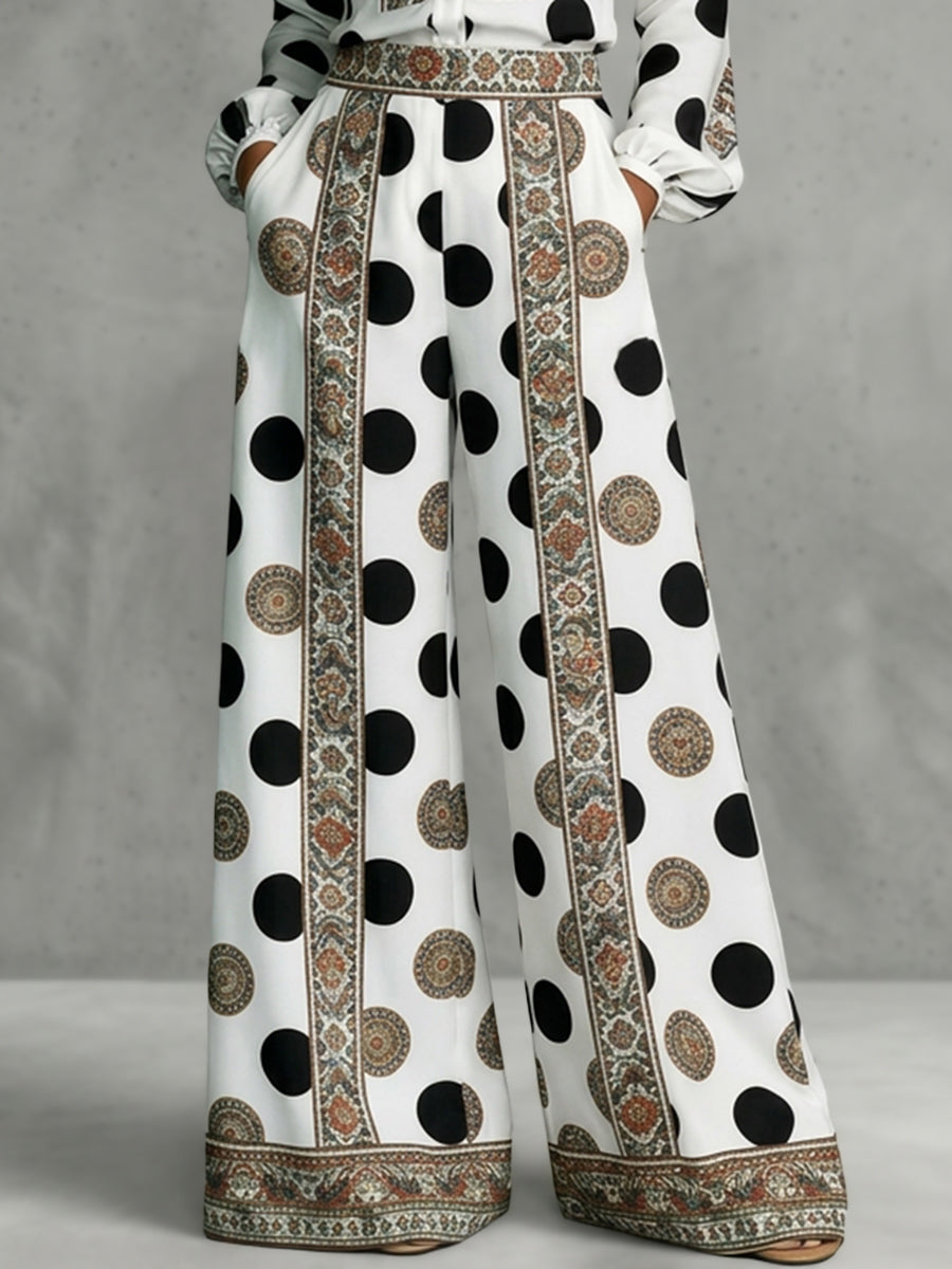 Polka Dot Wide-Leg High-Waist Pocket Pants