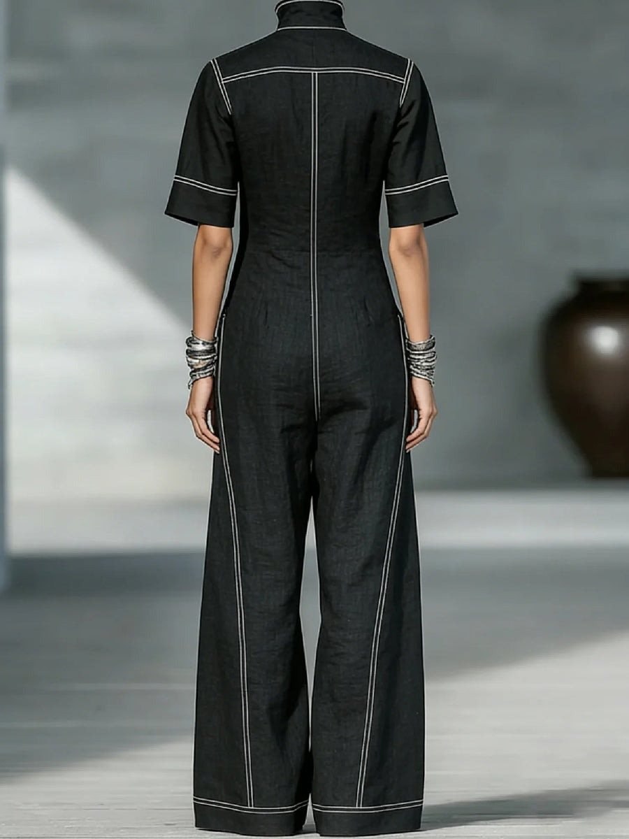 Stand-Collar Zip Pocket Short-Sleeve Jumpsuit