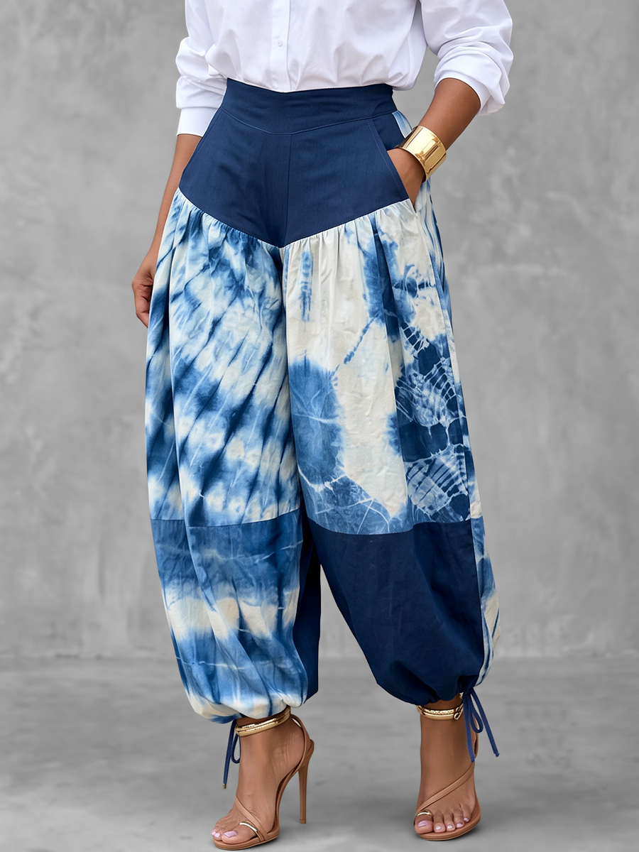 Printed High-Waist Contrast Pants