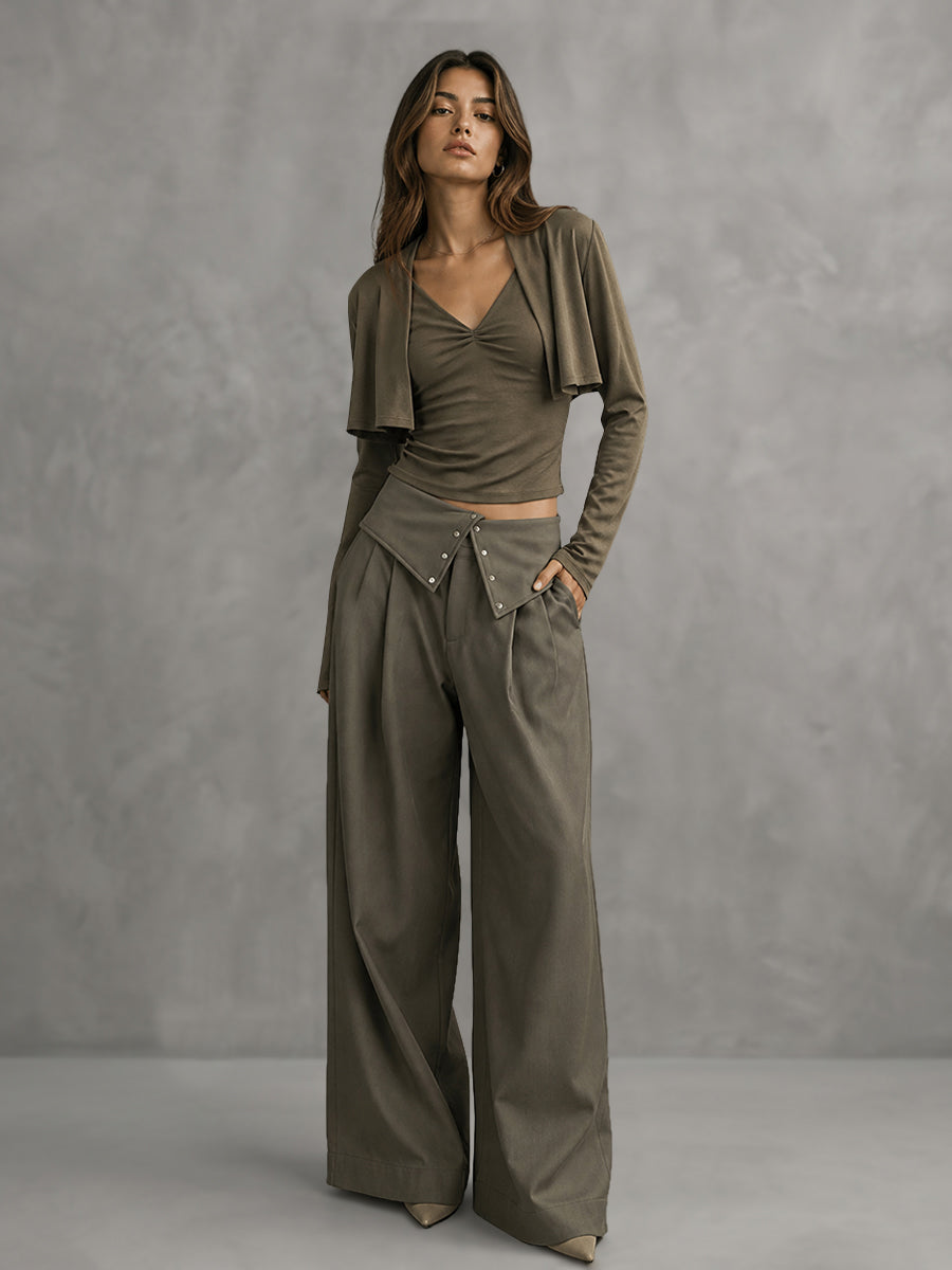 Wide-Leg High-Waist Pleated Asymmetric Pants