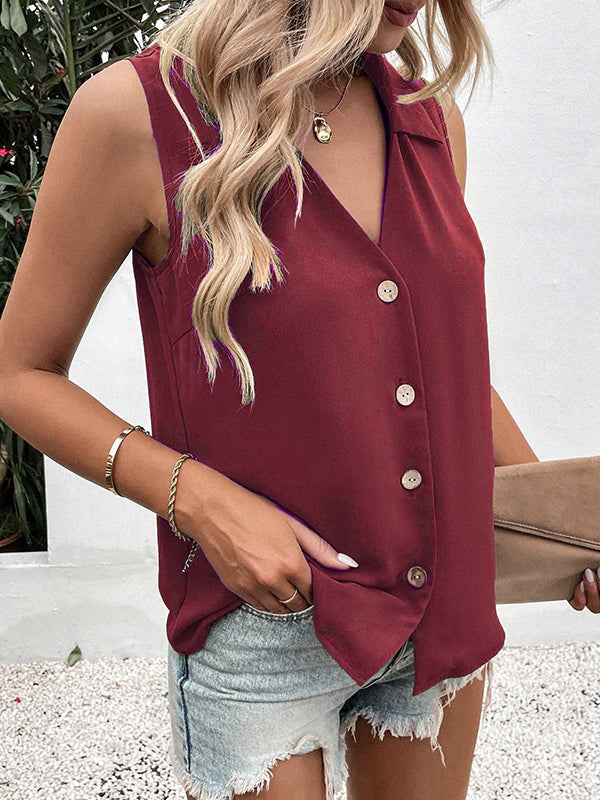 V-Neck Button-Detail Sleeveless Relaxed Vest