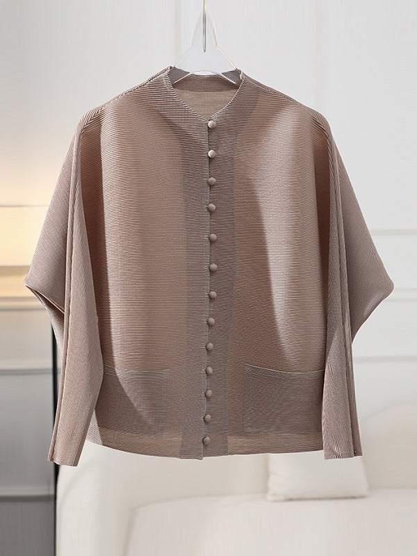 Round-Neck Pleated Button-Detail Pocket Jacket