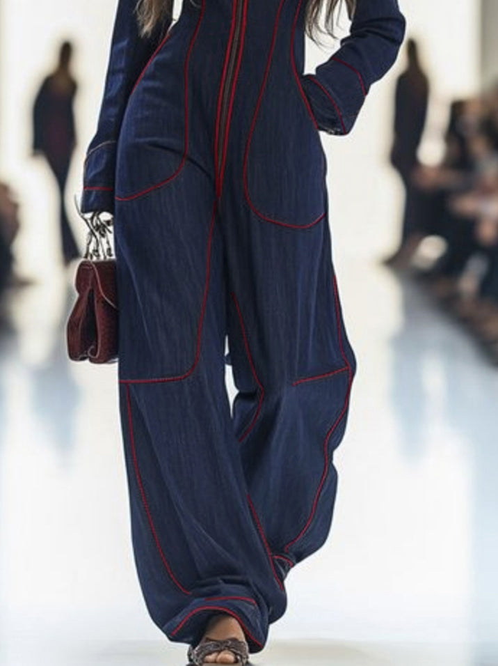 Wide-Leg Stand-Collar Zip Long-Sleeve Jumpsuit