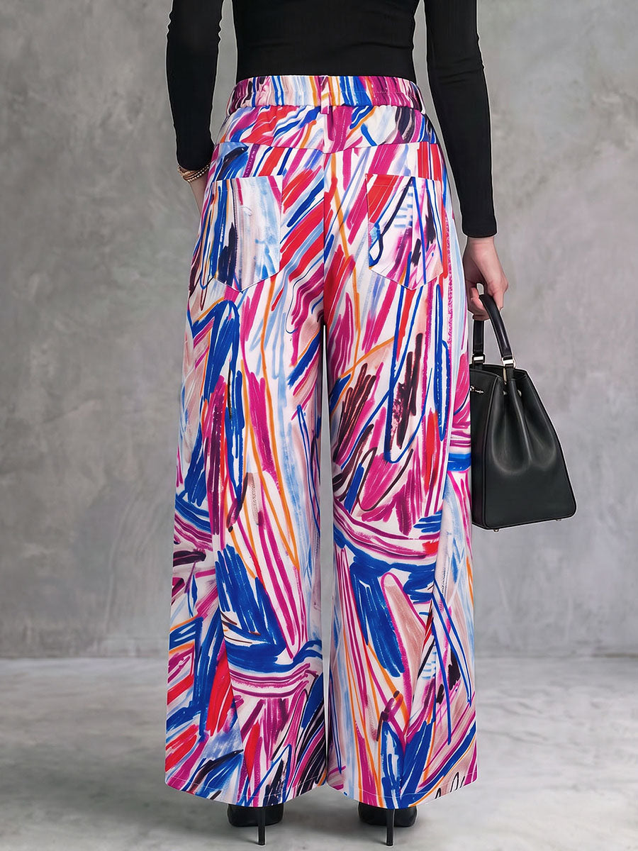 Printed Wide-Leg High-Waist Button-Detail Pants