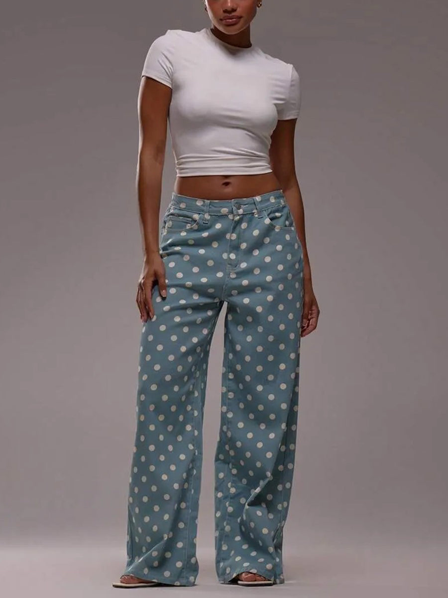 Polka Dot Wide-Leg High-Waist Button-Detail Belt