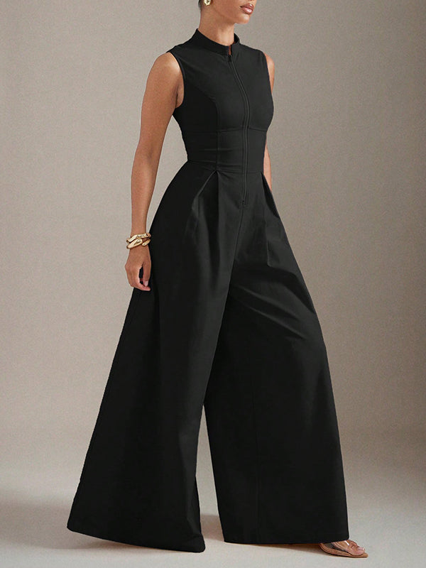 Wide-Leg Round-Neck Pleated Zip Jumpsuit