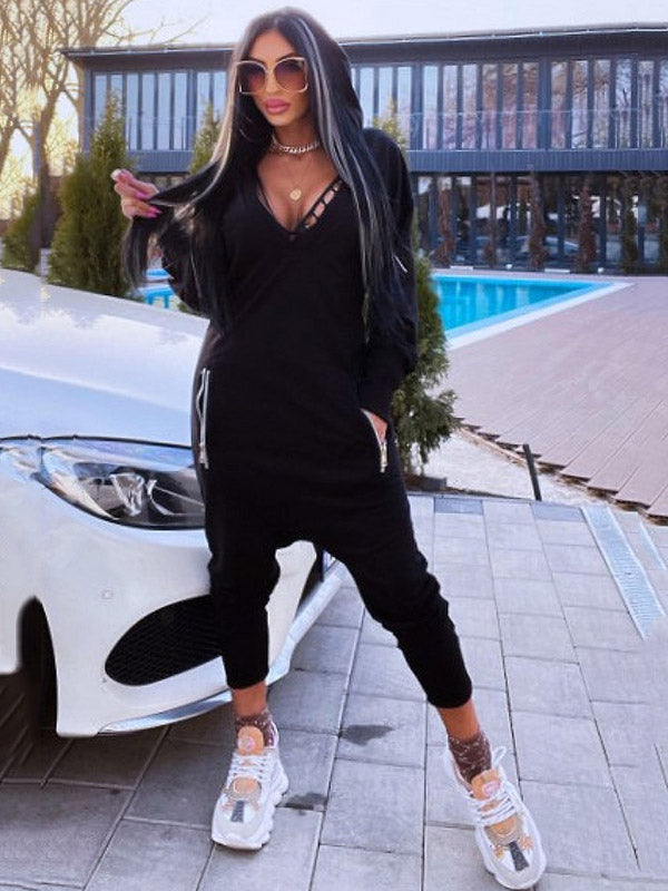 V-Neck Hooded Cut-Out Jumpsuit
