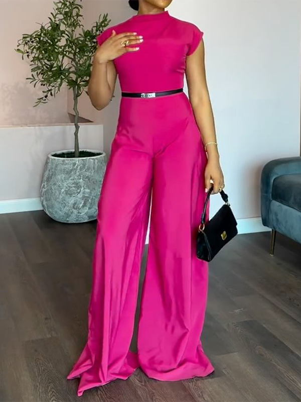 Wide-Leg Stand-Collar Cap-Sleeve Belt