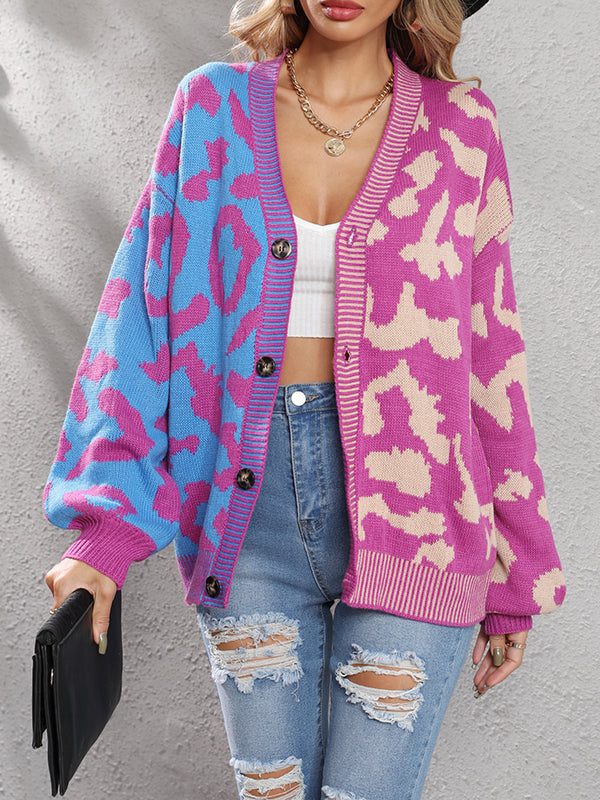 Leopard Print V-Neck Button-Detail Long-Sleeve Cardigan