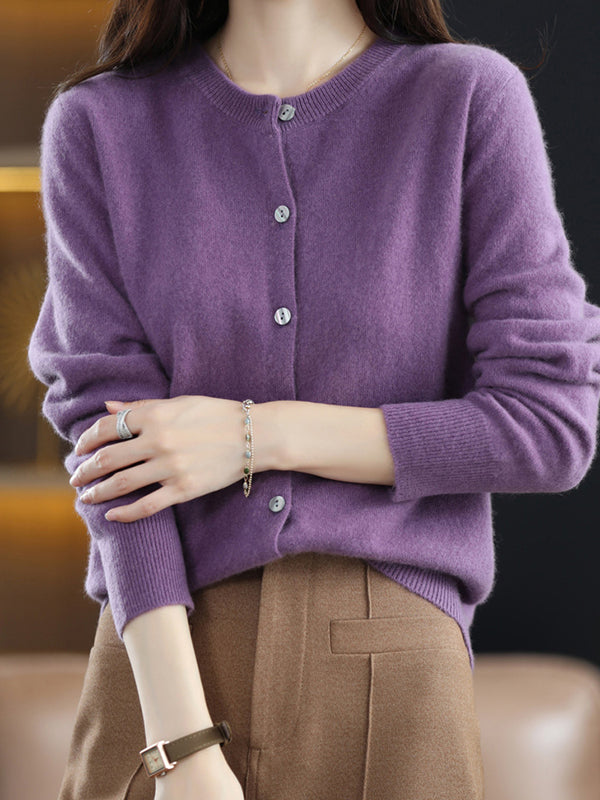 Knit Round-Neck Button-Detail Long-Sleeve Cardigan